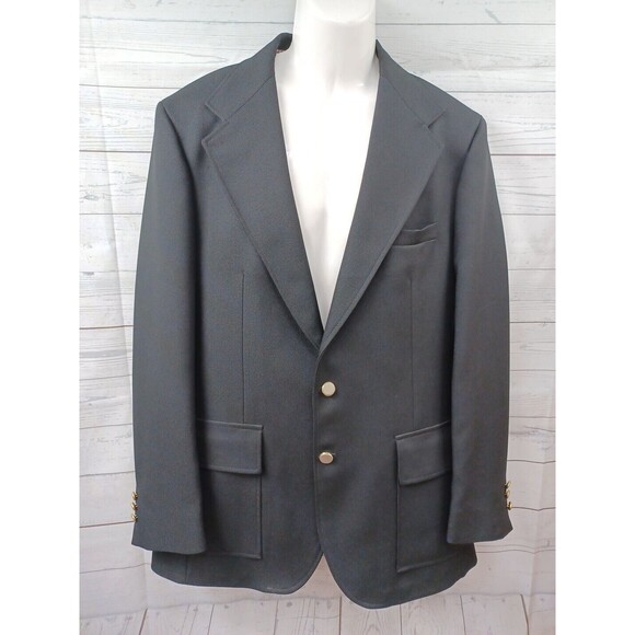Vtg Haggar Mens Blazer Jacket Size 44L Black 2 Button Sport Coat Gold Buttons - Picture 1 of 7